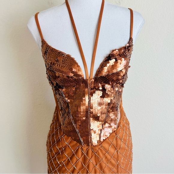 NWT ASOS Bronze Sequin Embellished Butterfly Mesh Fringe Beaded Mini Dress - Picture 2 of 13